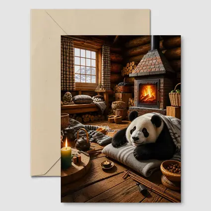 Panda Resting By Cozy Cabin Fireplace