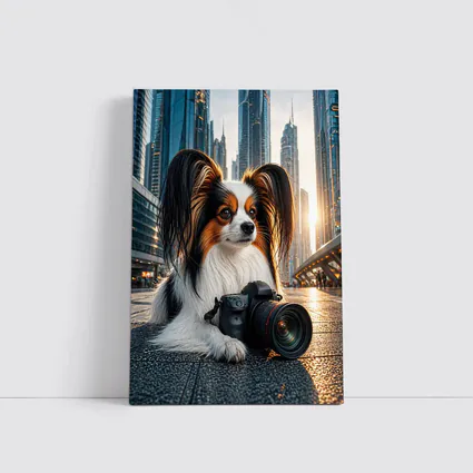 Papillon Dog With Camera City Background