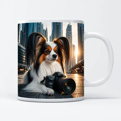 Papillon Dog With Camera City Background