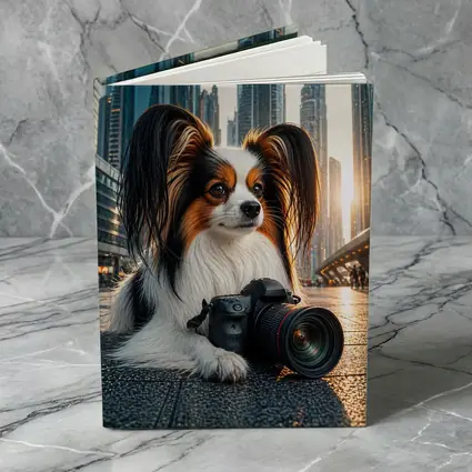 Papillon Dog With Camera City Background