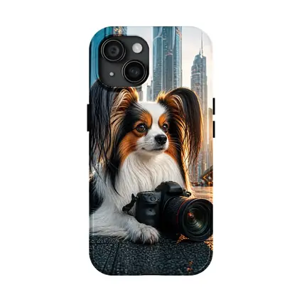 Papillon Dog With Camera City Background