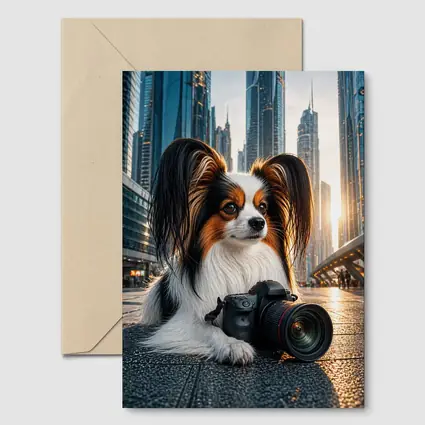 Papillon Dog With Camera City Background