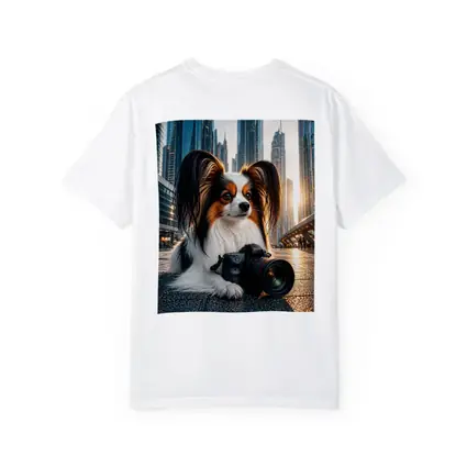 Papillon Dog With Camera City Background