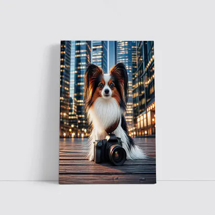 Papillon Dog With Camera City Night