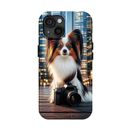 Papillon Dog With Camera City Night