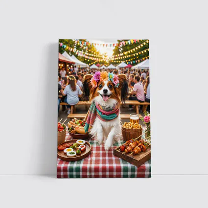 Papillon Dog at Colorful Outdoor Food Festival