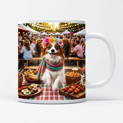 Papillon Dog at Colorful Outdoor Food Festival