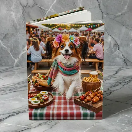 Papillon Dog at Colorful Outdoor Food Festival