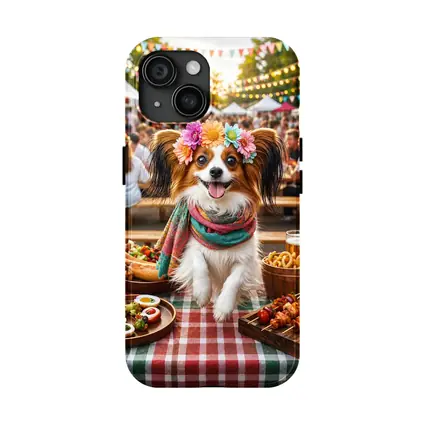 Papillon Dog at Colorful Outdoor Food Festival