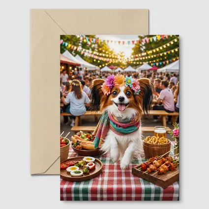 Papillon Dog at Colorful Outdoor Food Festival