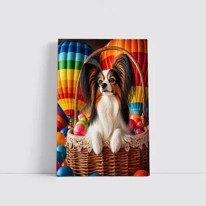 Papillon Dog Sitting in Easter Basket Balloons