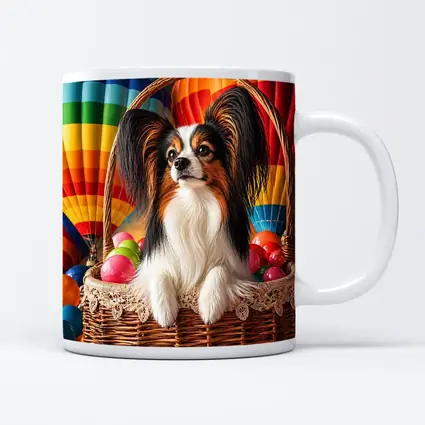 Papillon Dog Sitting in Easter Basket Balloons
