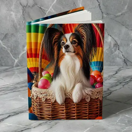 Papillon Dog Sitting in Easter Basket Balloons