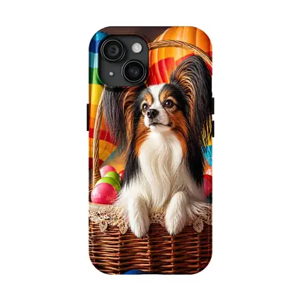 Papillon Dog Sitting in Easter Basket Balloons