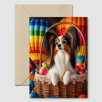 Papillon Dog Sitting in Easter Basket Balloons