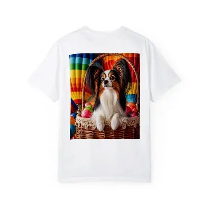 Papillon Dog Sitting in Easter Basket Balloons