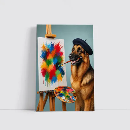 German Shepherd Artist Painting Colorful Abstract Canvas