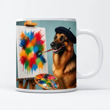 German Shepherd Artist Painting Colorful Abstract Canvas