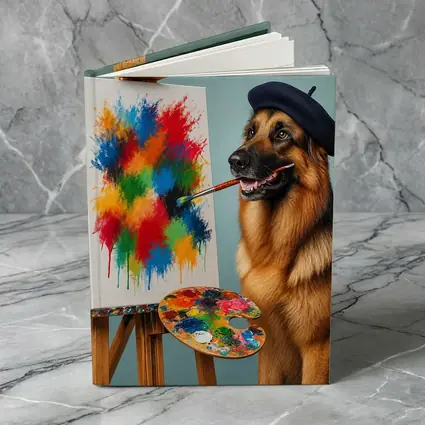 German Shepherd Artist Painting Colorful Abstract Canvas