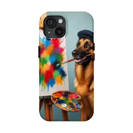 German Shepherd Artist Painting Colorful Abstract Canvas