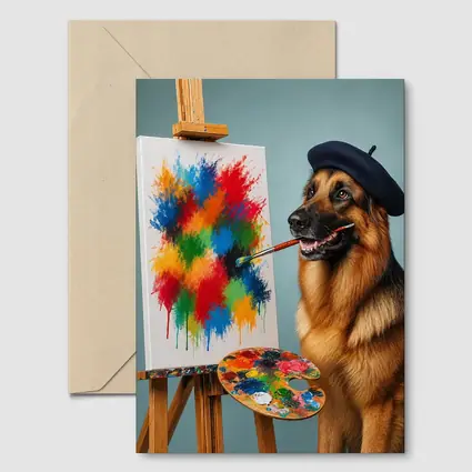 German Shepherd Artist Painting Colorful Abstract Canvas