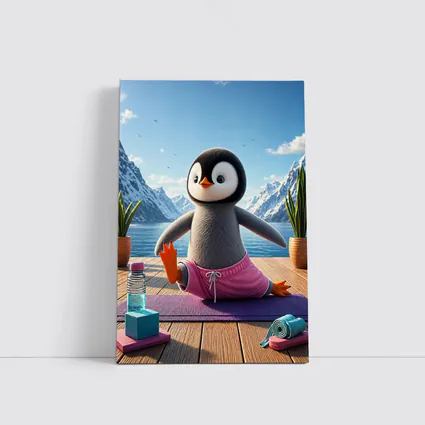 Cute Penguin Doing Yoga Snowy Mountains