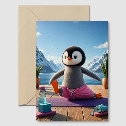 Cute Penguin Doing Yoga Snowy Mountains