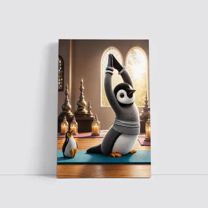 Cute Penguin Doing Yoga Candlelit Studio