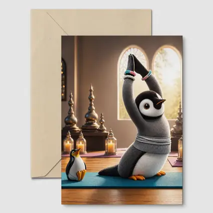 Cute Penguin Doing Yoga Candlelit Studio
