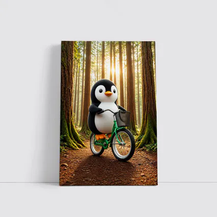 Cartoon Penguin Riding Bicycle In Forest