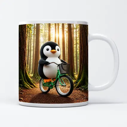 Cartoon Penguin Riding Bicycle In Forest