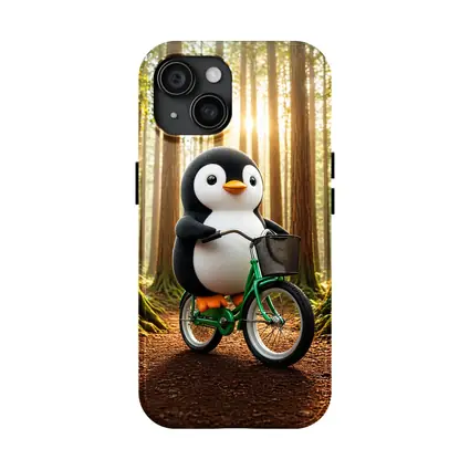 Cartoon Penguin Riding Bicycle In Forest