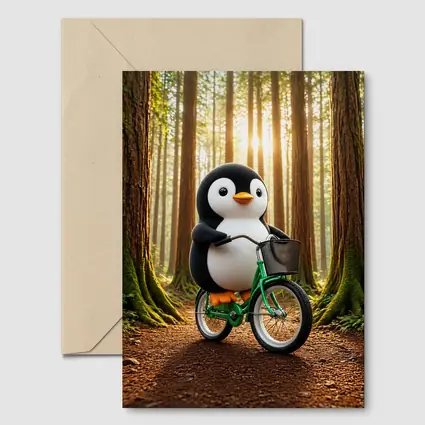 Cartoon Penguin Riding Bicycle In Forest
