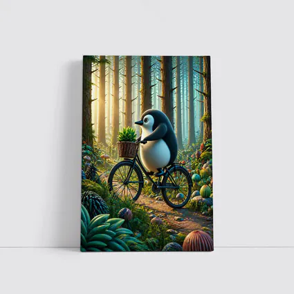 Cartoon Penguin Riding Bicycle In Forest