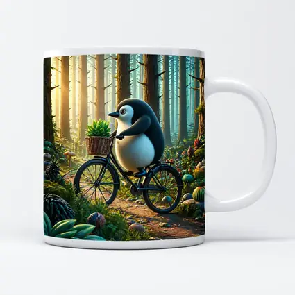 Cartoon Penguin Riding Bicycle In Forest