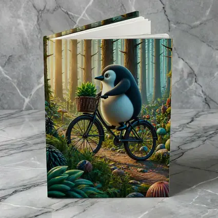 Cartoon Penguin Riding Bicycle In Forest