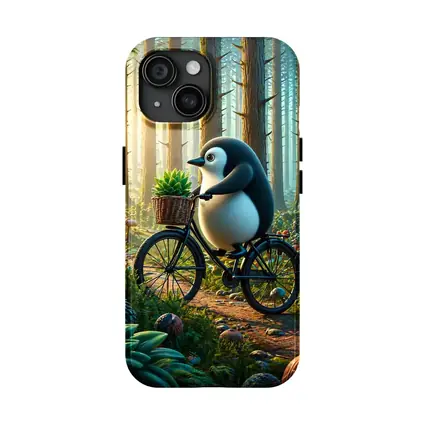 Cartoon Penguin Riding Bicycle In Forest