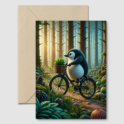 Cartoon Penguin Riding Bicycle In Forest