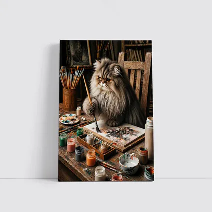 Persian Cat Artist Painting in Rustic Studio