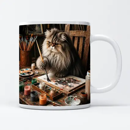 Persian Cat Artist Painting in Rustic Studio