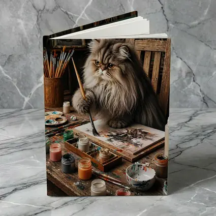 Persian Cat Artist Painting in Rustic Studio