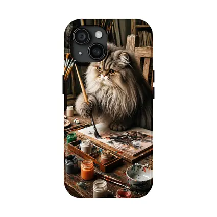 Persian Cat Artist Painting in Rustic Studio