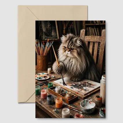 Persian Cat Artist Painting in Rustic Studio