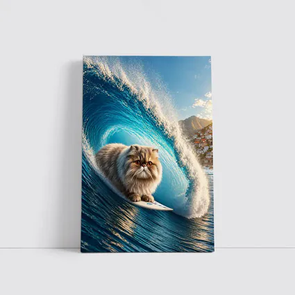 Persian Cat Surfing Giant Blue Ocean Wave
