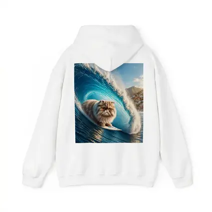 Persian Cat Surfing Giant Blue Ocean Wave