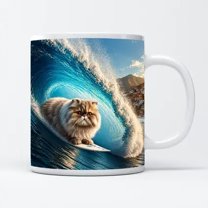 Persian Cat Surfing Giant Blue Ocean Wave