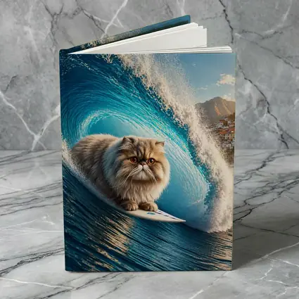 Persian Cat Surfing Giant Blue Ocean Wave