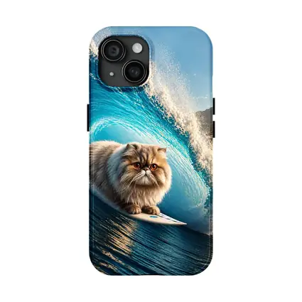 Persian Cat Surfing Giant Blue Ocean Wave