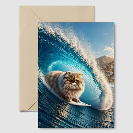 Persian Cat Surfing Giant Blue Ocean Wave