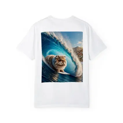 Persian Cat Surfing Giant Blue Ocean Wave